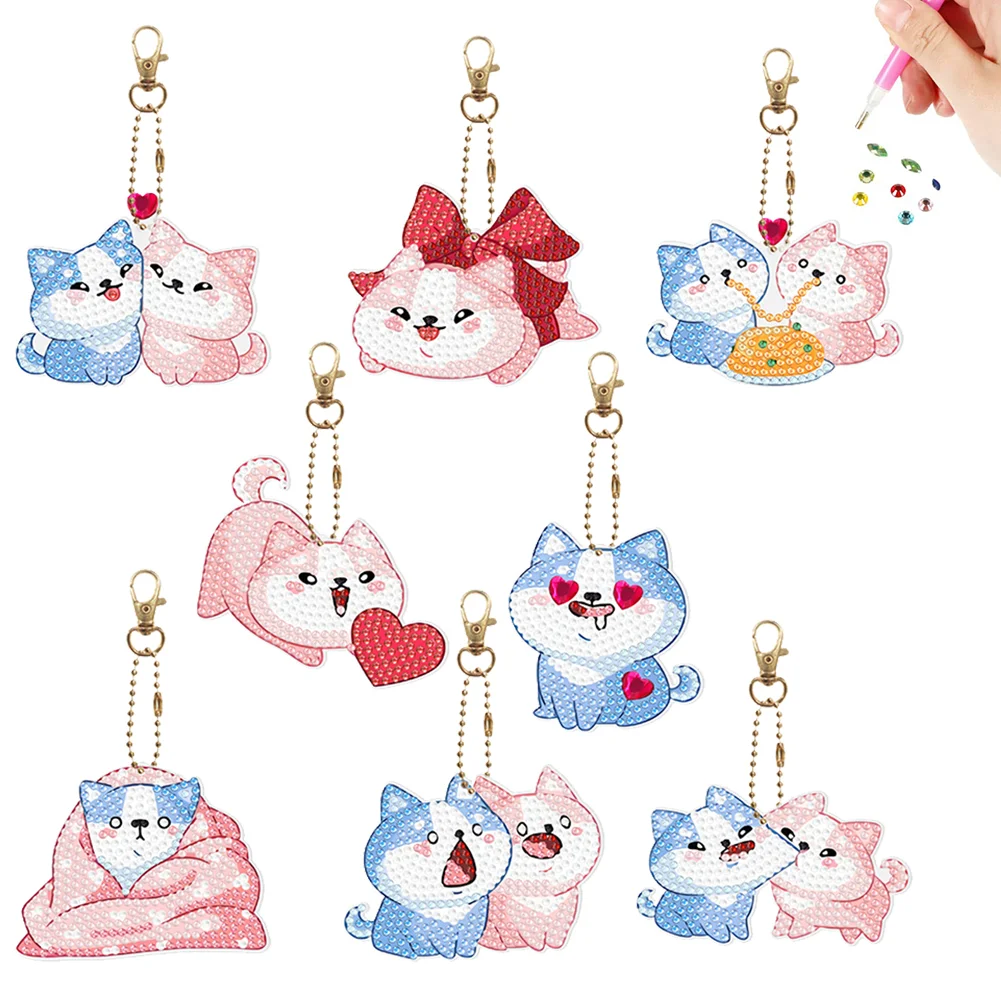 8Pcs Love Puppy Double-Sided Special Shaped Diamond Painting Art Keychain