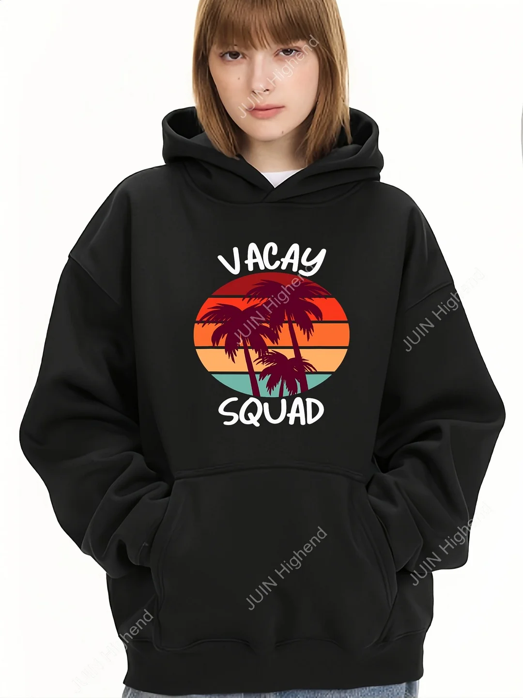 Women's Vacay Squad Graphic Hoodie - Black Tropical Palm Tree & Sunset Design, Loose Fit Long Sleeve Pullover With Drawstring, Comfortable For Home & Outdoor, Summer Sweatshirt | IFYHOME