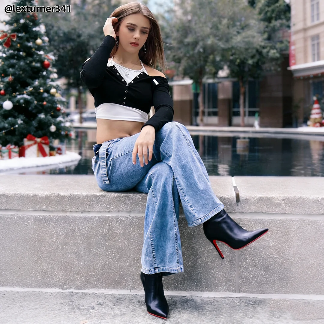 4inch Red Bottom Women's Closed Pointed Toe Stilettos Ankle Boots-MERUMOTE