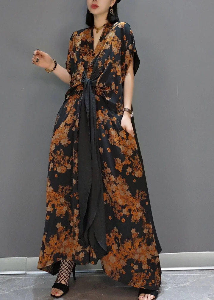 Bohemian Yellow tie waist Print Silk long Dress Spring