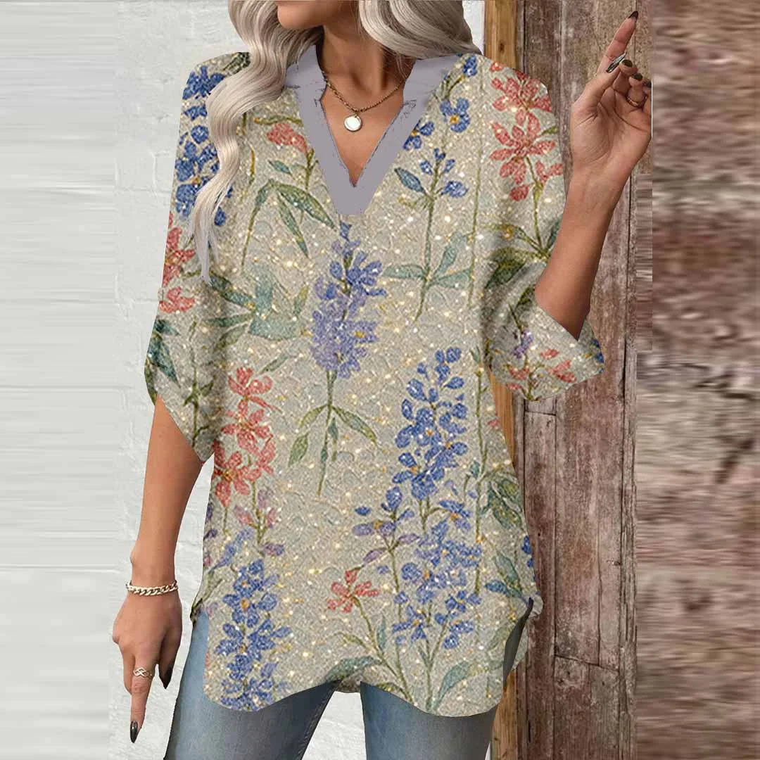 Women Glitter,Floral,Green DZGA0000 3/4 Sleeve V-neck Printed Graphic Button Tops
