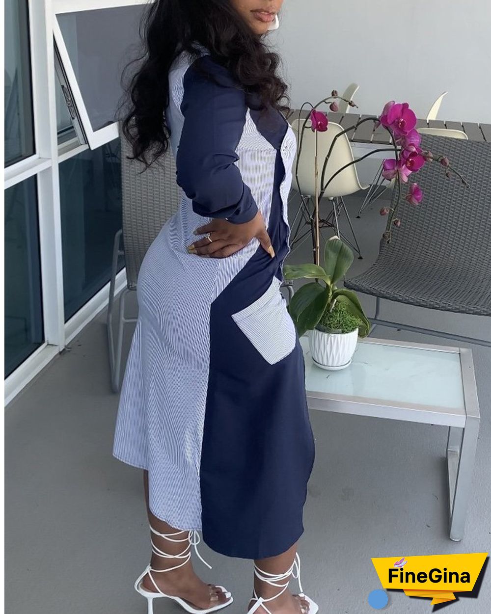 Colorblock Button Pocket Design Shirt Long Dress