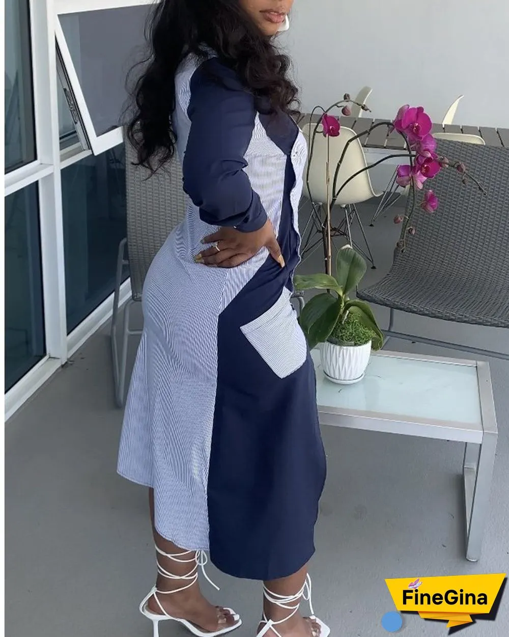 Colorblock Button Pocket Design Shirt Long Dress