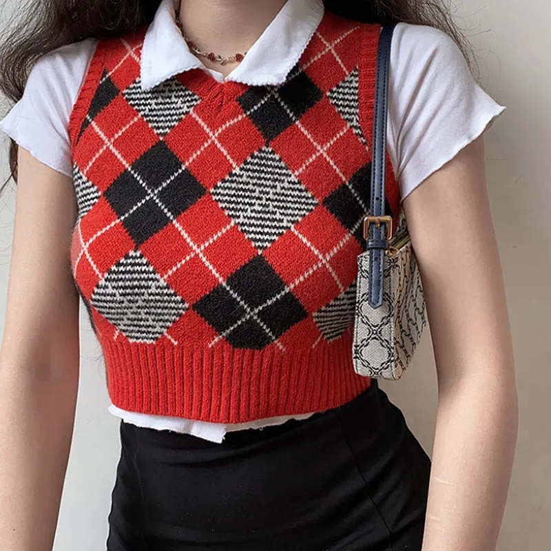 Argyle Sweater Vest Women  Black Sleeveless Plaid Knitted Crop Sweaters Casual Autumn Preppy Style 2020 tops V Neck Vintage
