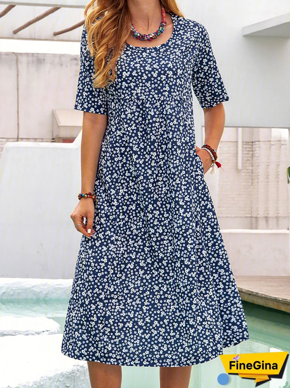 Women Casual Flora-Print Short Sleeve Casual Dresses