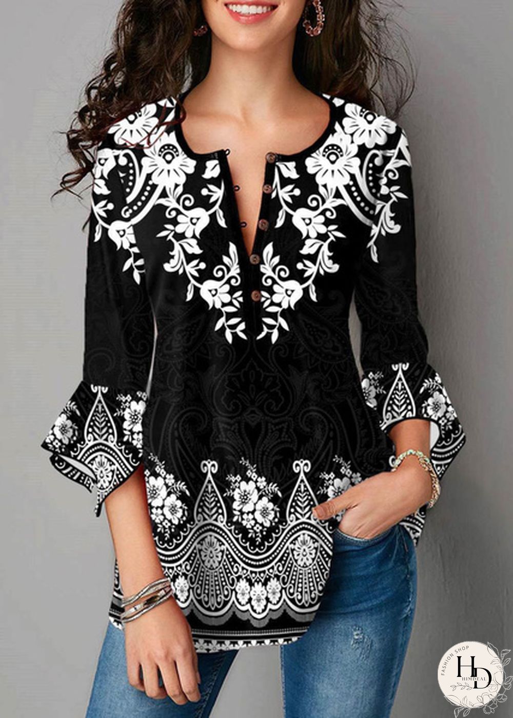 Womens Autumn Fashion Clothes Elegant V-Neck Tunic Tops Casual 3/4 Sleeve Printing Blouse Shirt Plus Size Loose Streetwear Pullover T-shirts XS-8XL