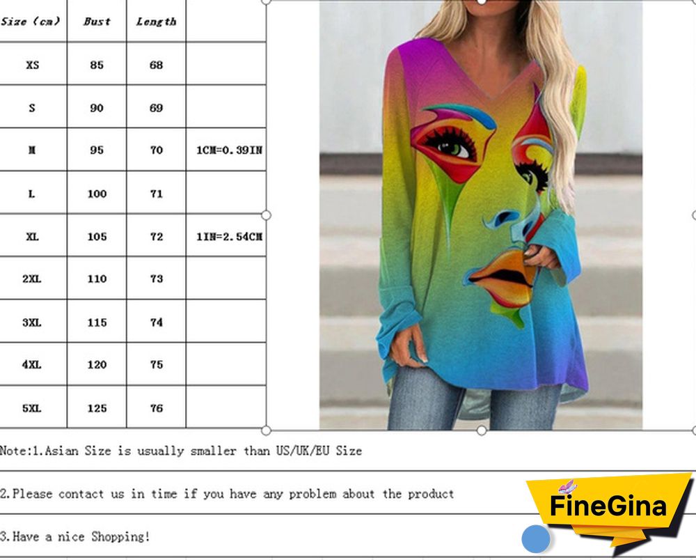 Women Fashion Casual Printed V Neck Long Sleeved Shirts & Tops Graffiti Print T-shirt