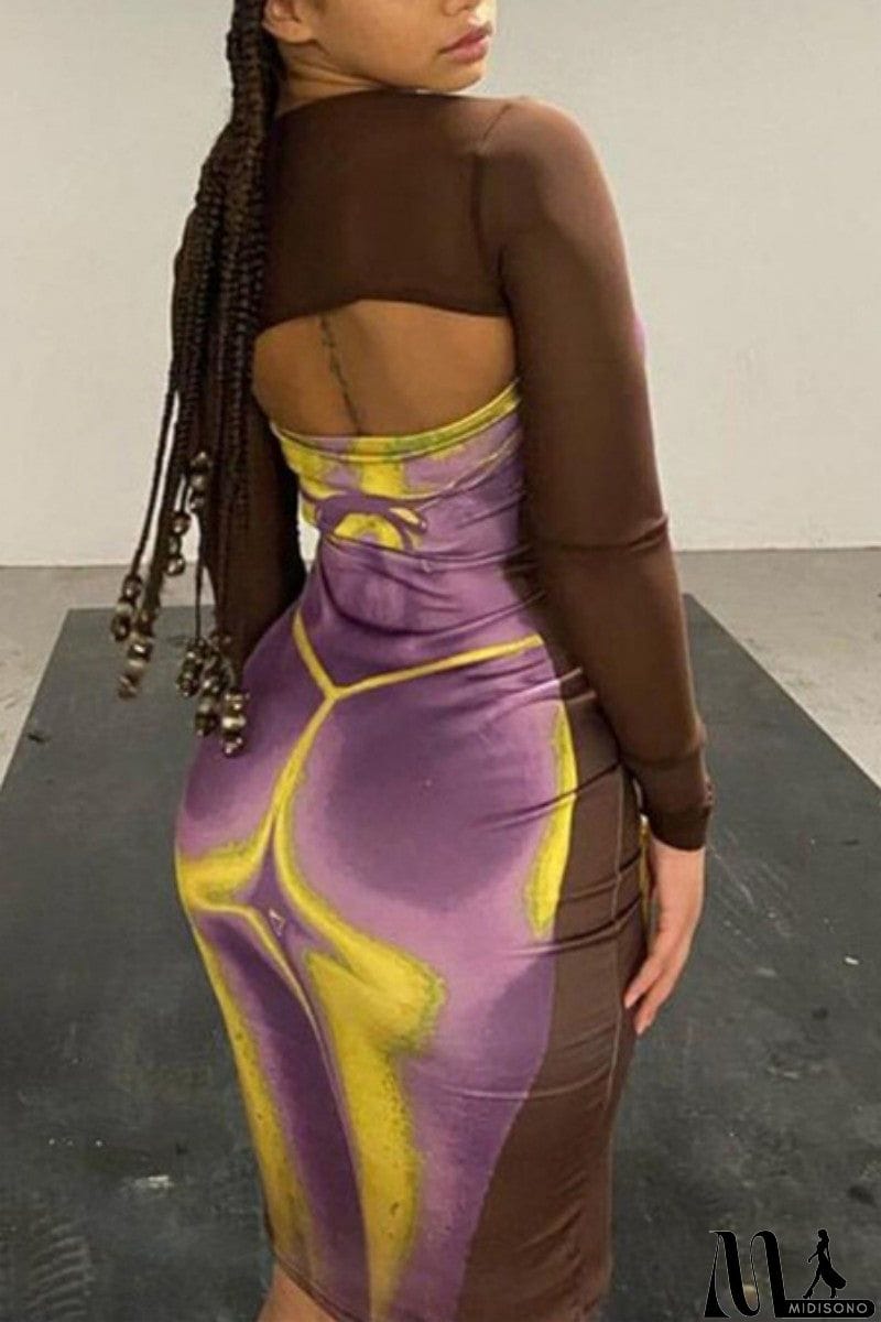 MidiSono - Sexy Casual Print Hollowed Out O Neck Long Sleeve Dresses