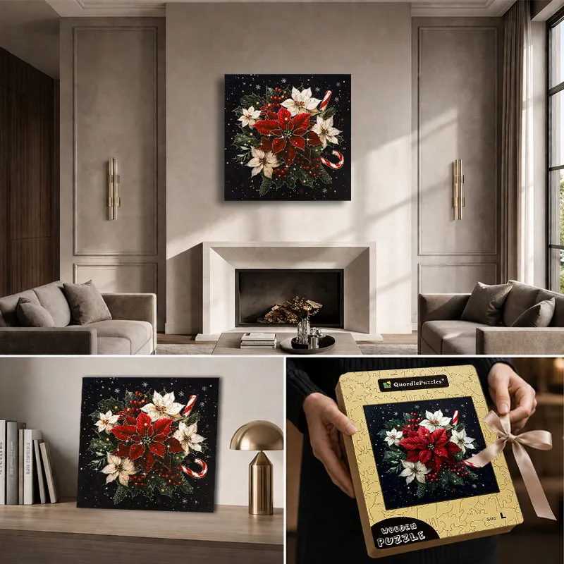 Midnight Poinsettia Crystal Wooden Puzzle