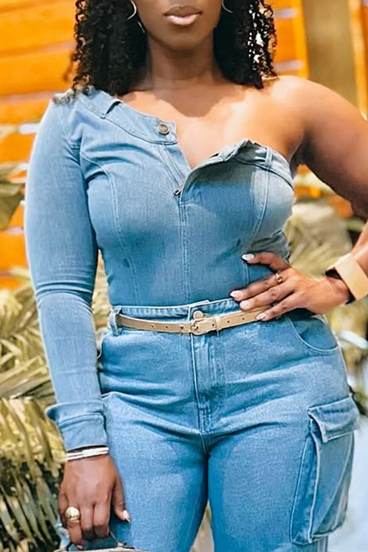 Plus Size Daily Blue Asymmetrical Collar One Shoulder Long Sleeve Button Denim Blouses [Pre-Order] 2024 - Xpluswear