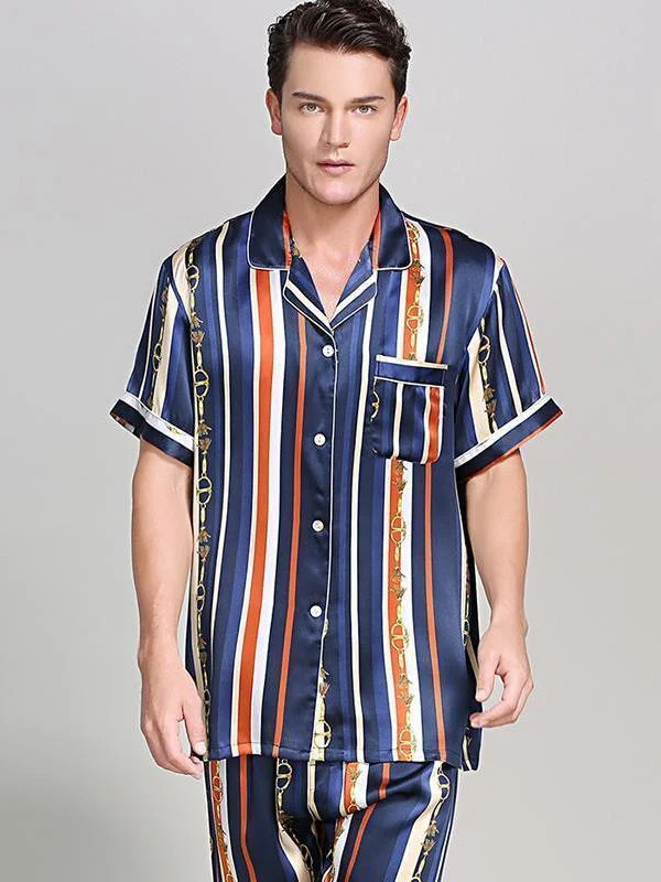 High Quality Blue Printed Short Sleeves Silk Pajamas Set