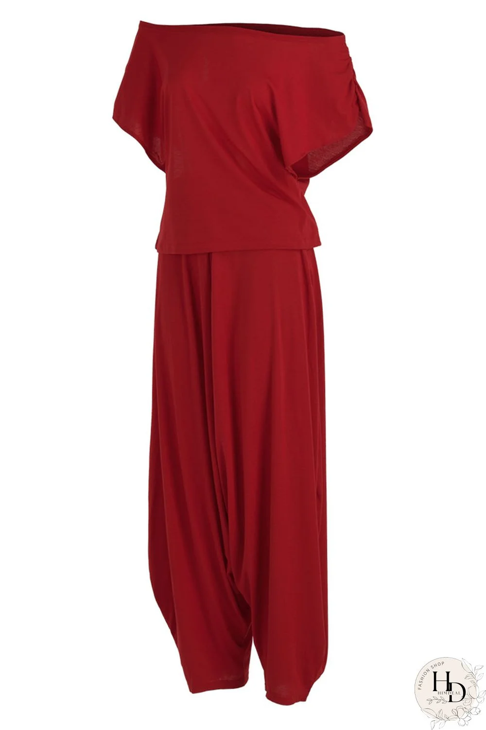 Red Casual Solid Patchwork Fold Asymmetrical Oblique Collar Short Sleeve Two Pieces