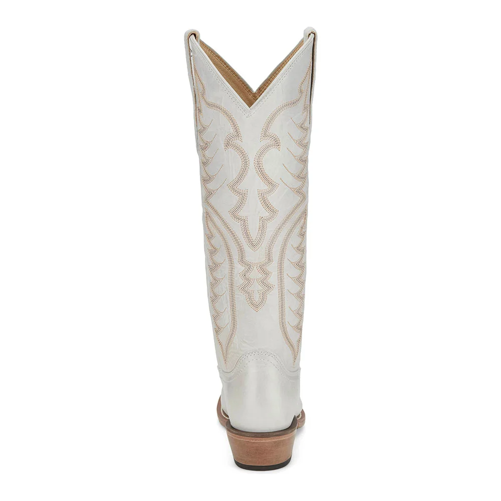 White Round Toe Chunky Heel Knee-High Cowgirl Boots with Embroidery