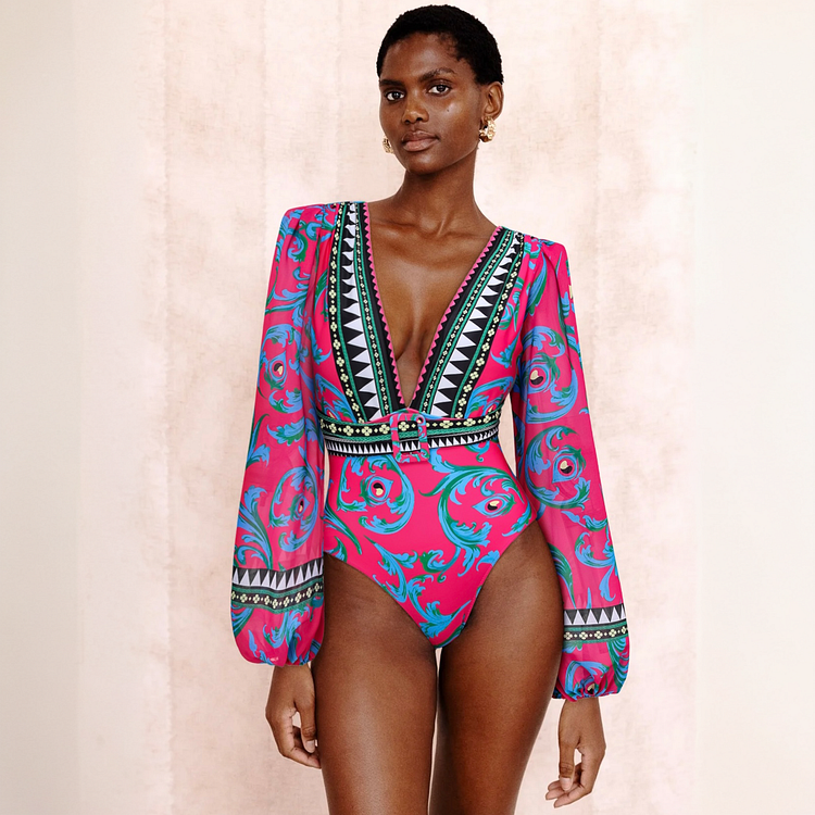 Long-sleeved Peacock Totem Print One Piece Swimsuit and Sarong Flaxmaker
