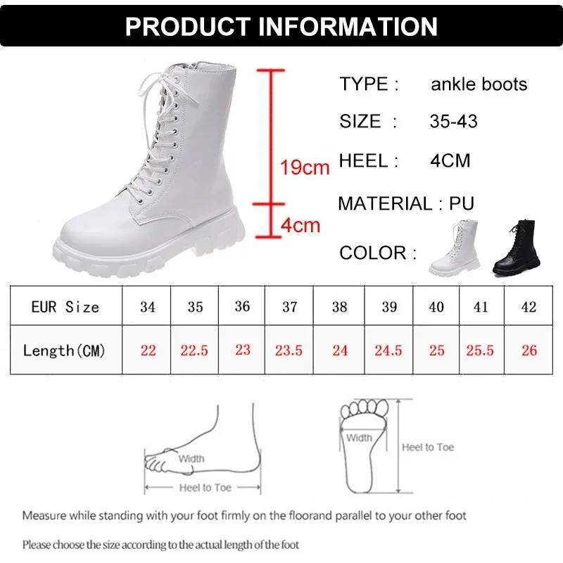 Breakj Black White Platform Ankle Boots for Women Thick Bottom Punk Motorcycle Boots Woman Plus Size Pu Leather Botas Mujer 43
