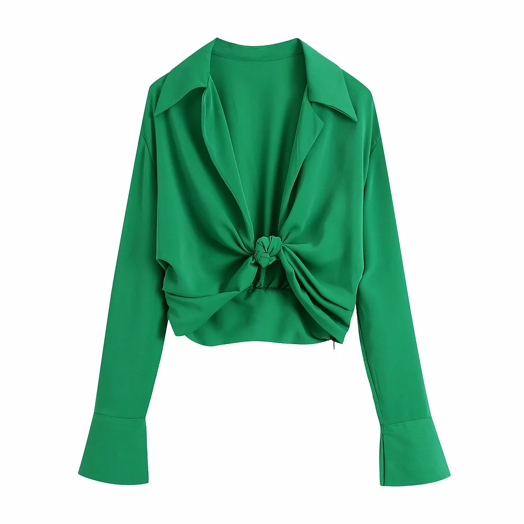 Zevity Women Fashion Turn Down Collar Knotted Green Color Short Smock Blouse Female Long Sleeve Slim Shirt Chic Crop Tops LS9465