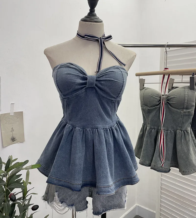 Churchf Real Shot With Chest Cushion Denim Sling Vest With Bow Hanging Neck Short Twiping Boat Blouse Woman 2611