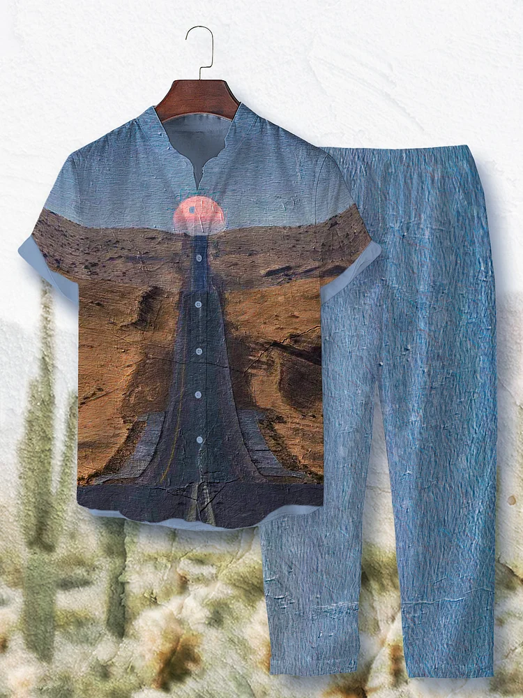 Men's Western Road Print Short Sleeve Shirt Casual Pants Matching Set