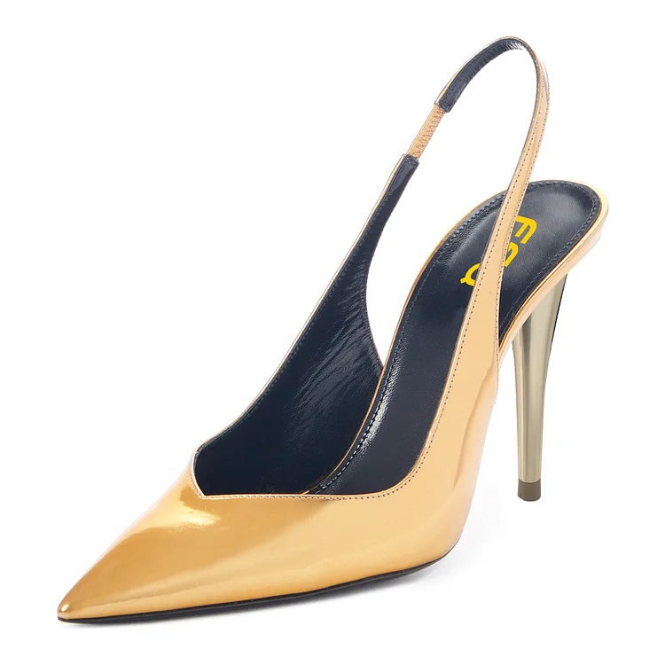 Gold Metallic Pointed Toe Cone Heel Slingback Pumps |FSJ Shoes