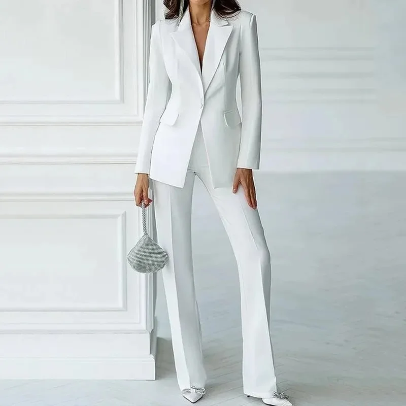 Jangj Women's Suit Autumn Fashion Office Solid Lapel Long Sleeve One Button Blazer Top Loose Straight Pants Sets Streetwear