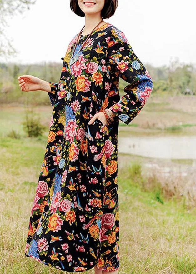 French Navy Print Quilting Clothes O Neck Pockets A Line Spring Dresses