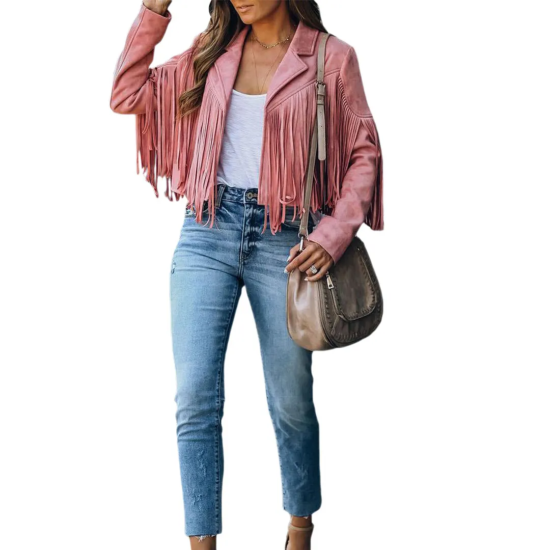 Uveng Spring Women's Clothes Short Coat Solid Color Collared Jacket With Tassels Long Sleeve Open Front Coat Streetwear Y2k