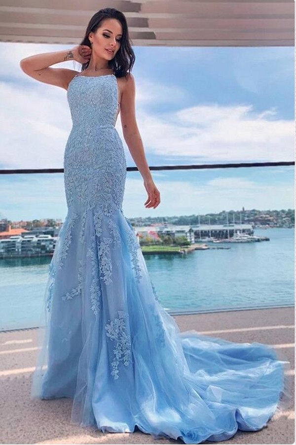 Dresseswow Sky Blue Halter Mermaid Prom Dress Lace Appliques Long Party Gowns