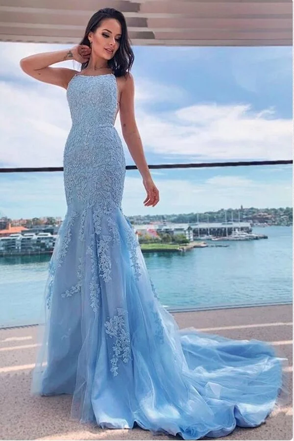 Bellasprom Sky Blue Mermaid Prom Dress Lace Appliques Long Party Gowns Halter