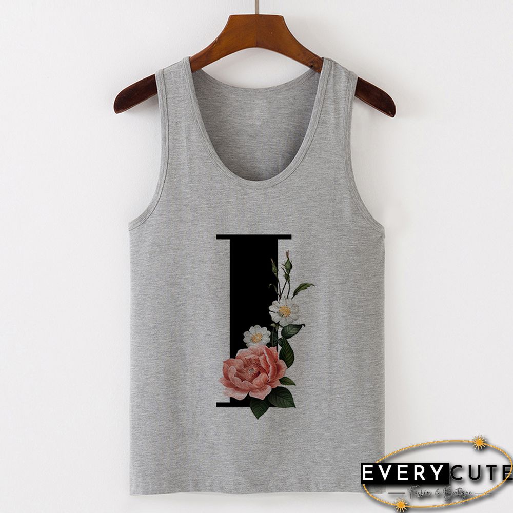 Summer Alphabet Print Camisole Sexy Tank Tops Vest Women Tee Shirt Sleeveless Gray Female