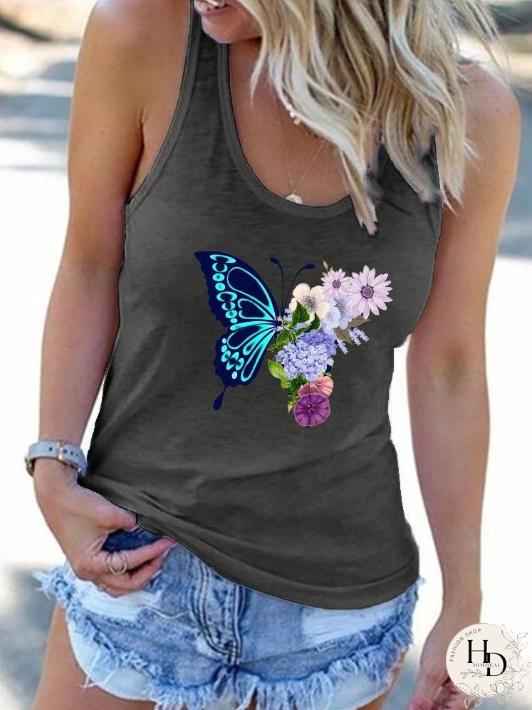 Crew Neck Butterfly Print Vest