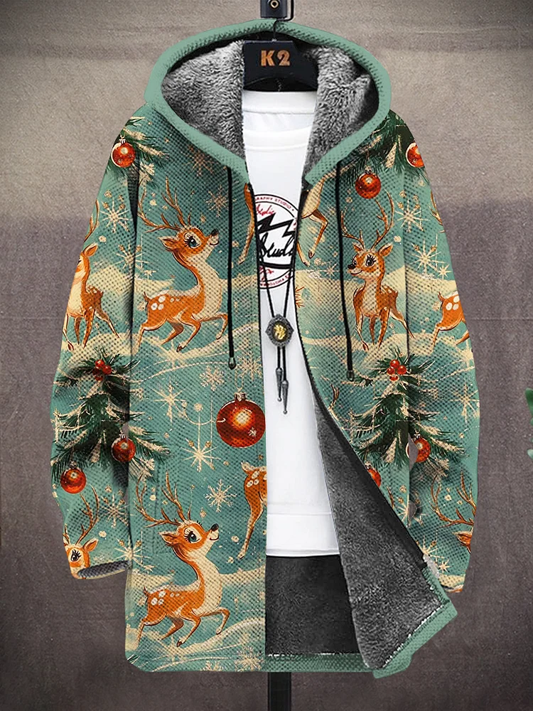 Men's Christmas Snowflake Reindeer Print Hooded Trench Coat