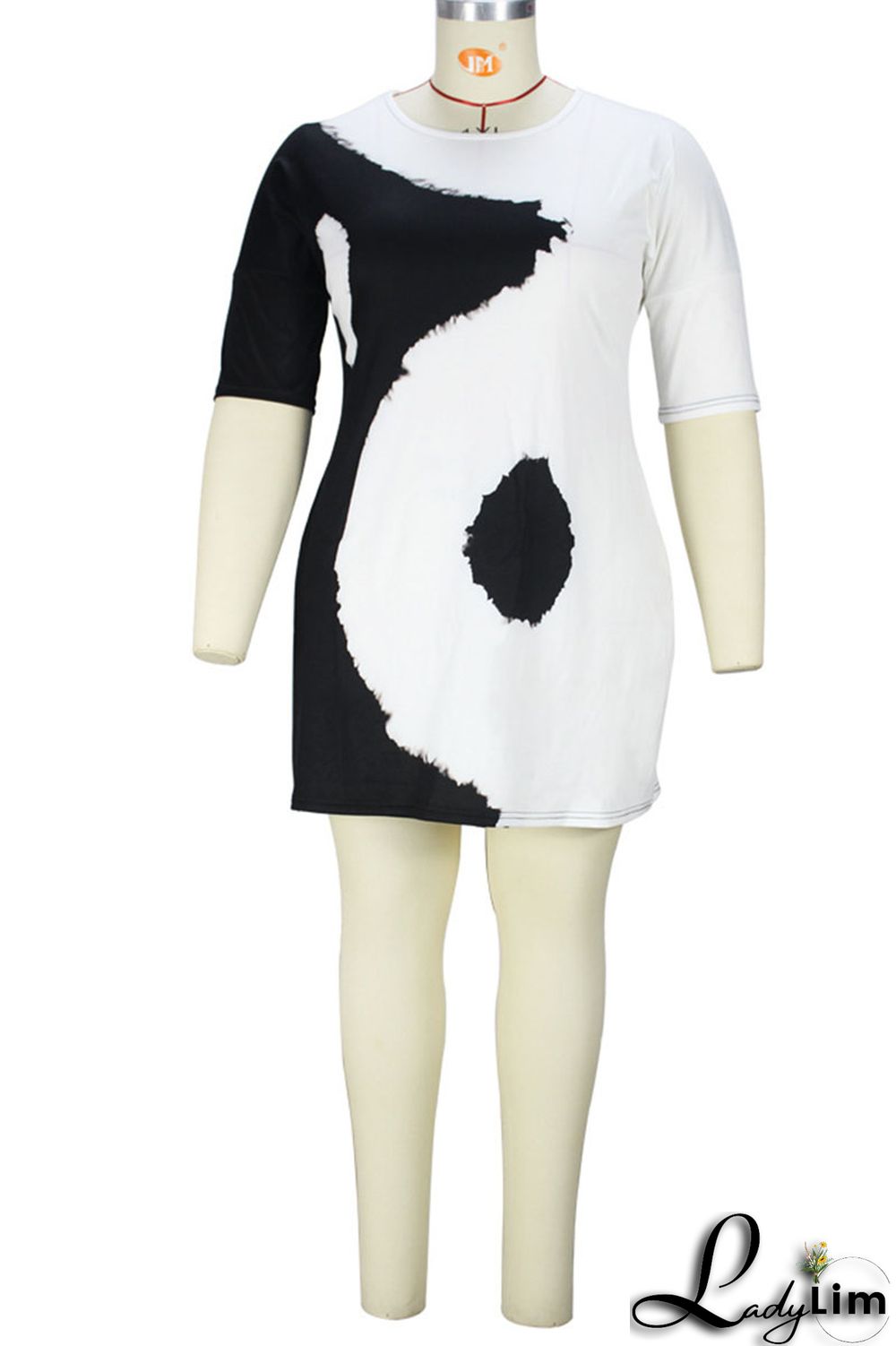 Black White Casual Print Patchwork O Neck Straight Plus Size Dresses