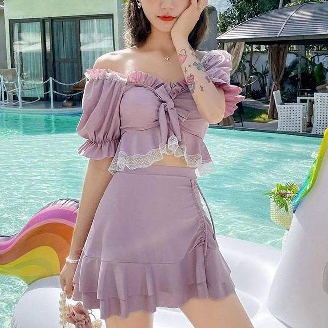 Cute Purple/Blue/Pink Bow Swimsuit Two Pieces Set SP15900