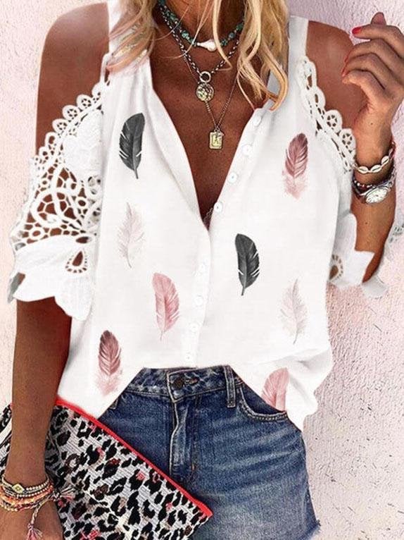 Feather Print Lace Stitching Short Sleeve Blouses
