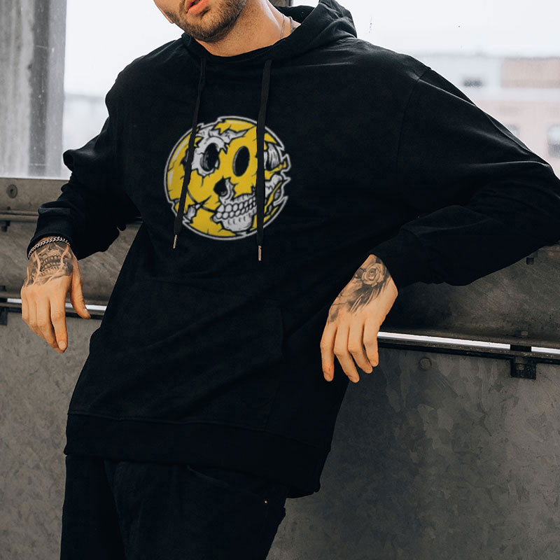 Smiley Face Emoji Broken Skull Graphic Causal Black Print Hoodie