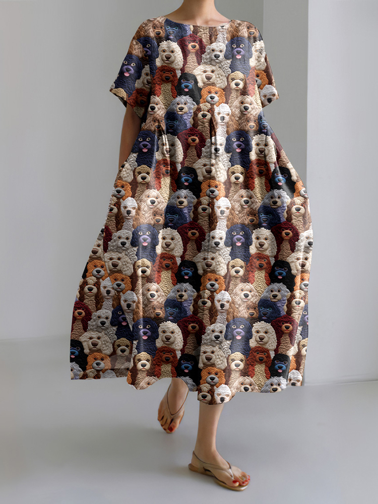 Comstylish Dog Print Crew Neck Short Sleeve Midi Dress