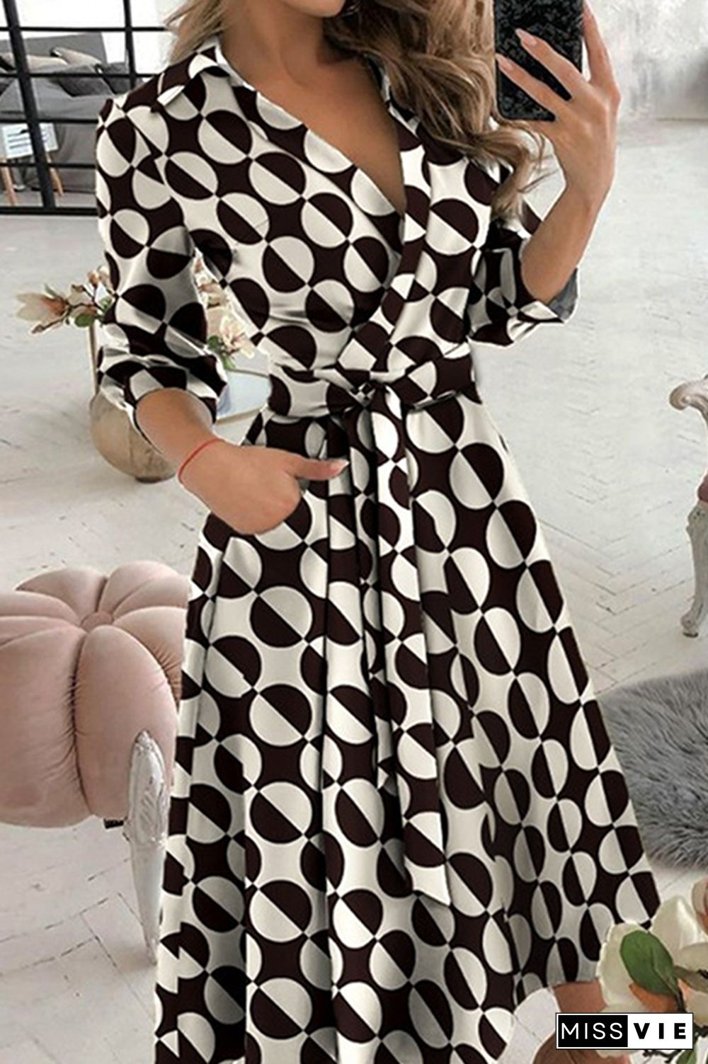 Fashion Elegant Print Solid Patchwork Frenulum V Neck A Line Dresses(10 Colors)