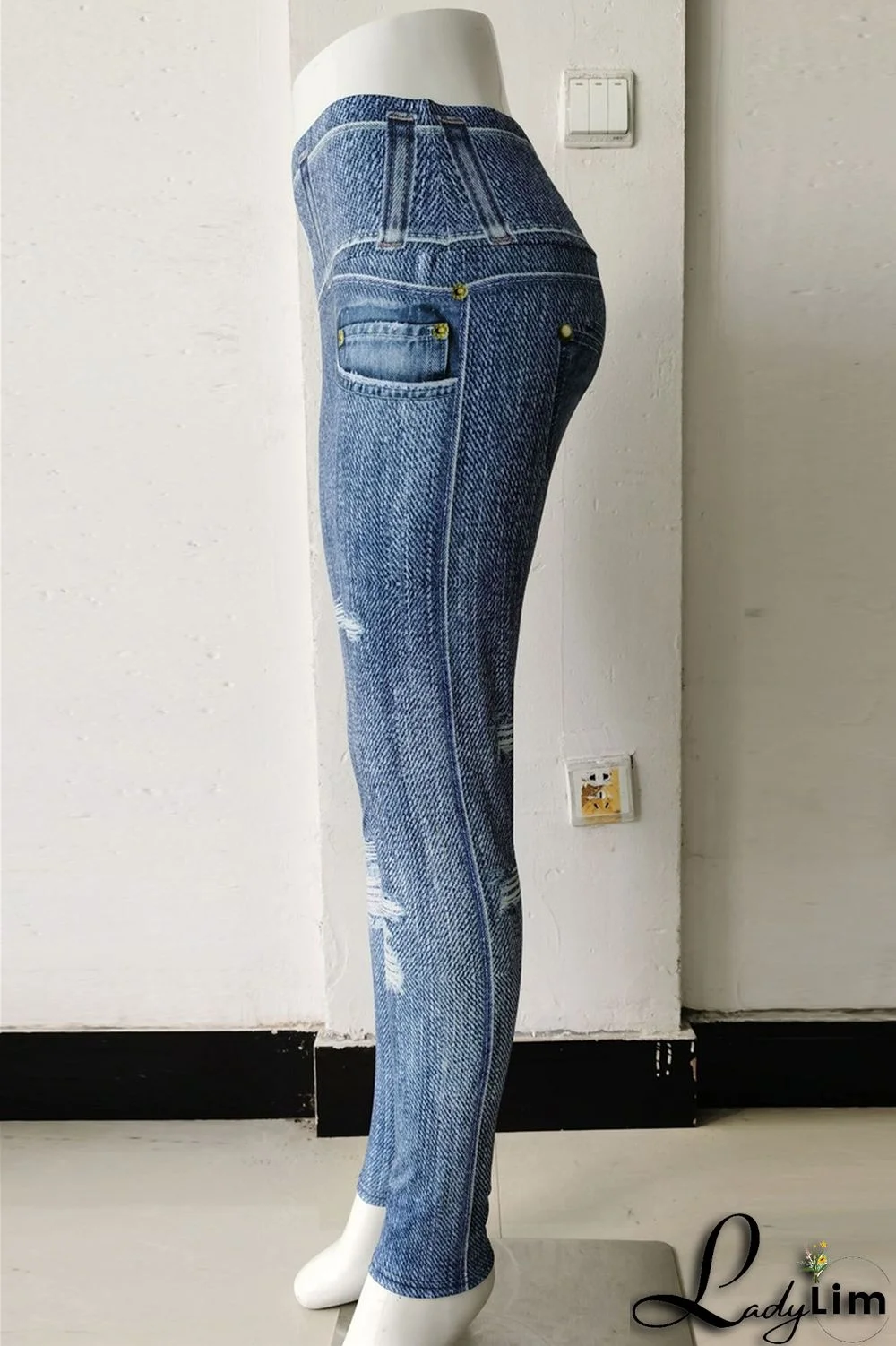Blue Fashion Casual Sportswear Print Split Joint Skinny High Waist Pencil Trousers