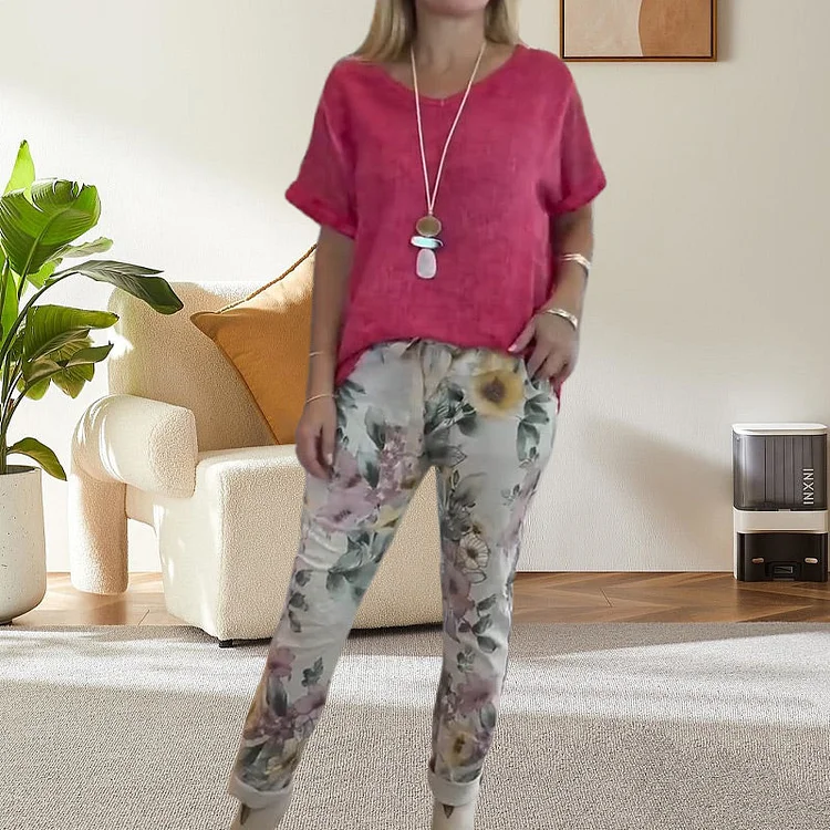 Women's 2-Piece Outfit - Solid Blouse & Floral Print Casual Pants