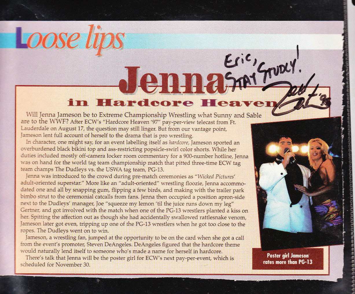 JENNA JAMESON SIGNED AUTOGRAPH 6X8 YEARBOOK CUT WRESTLING ECW COA INSCRIPTION