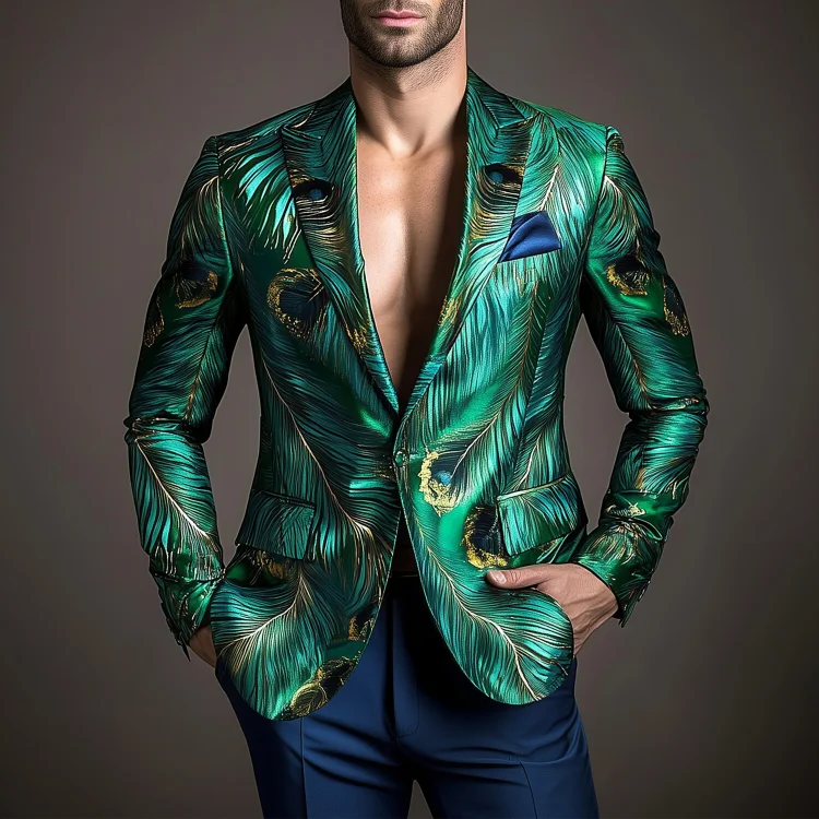 Okaywear Silk Peacock Feather Pattern Peak Lapel One Button Blazer Okaywear