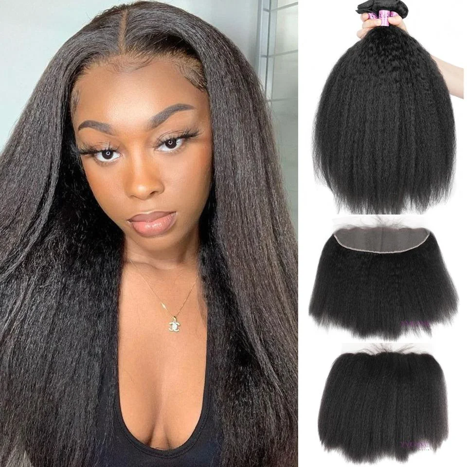 Free Shipping YVONNE Platinum Grade Kinky Straight 13*4 Lace Frontal With 3 Bundles Hair Weaves