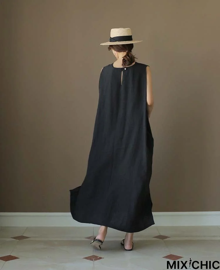 Loose Cotton Vest Dress New Round Neck Sleeveless Long Dress Linen