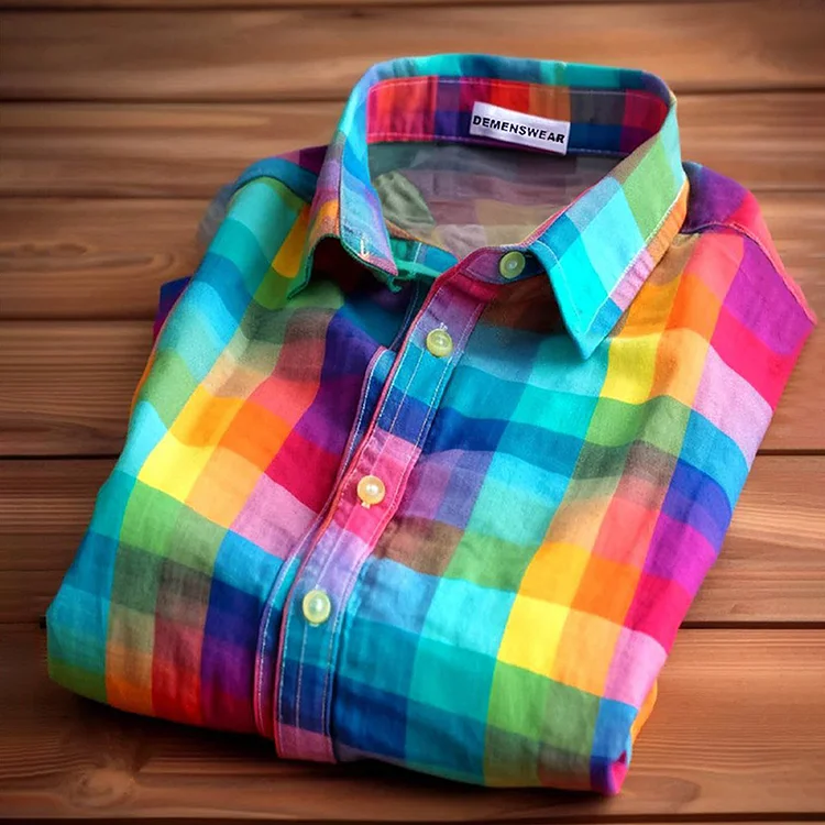VChics Rainbow Check Print Lapel Long Sleeve Shirt