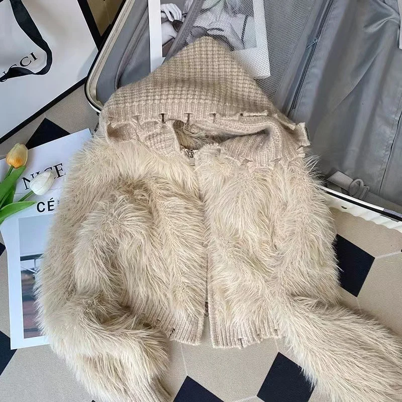 Ueong Velvet Sweater Coat Women's Autumn And Winter 2023 New Design Sense Small Fragrance, Foreign Style, Hooded Sweater