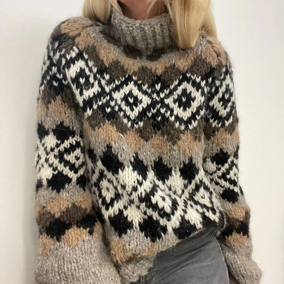 Geometric Contrast Jacquard Mid Neck Sweater