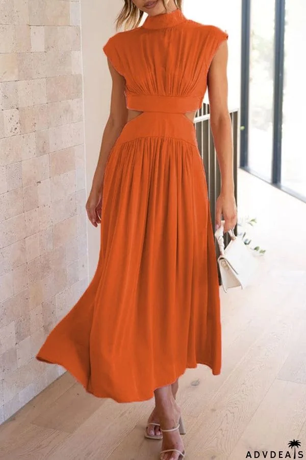 Solid Mockneck Cut Out Maxi A-line Swing Dress