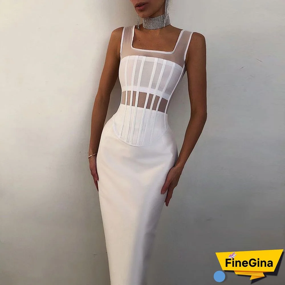 White Bandage Dress New Arrival Midi Bandage Dress Bodycon Women Summer Mesh Sexy Party Dress Wedding Evening Club Outfits