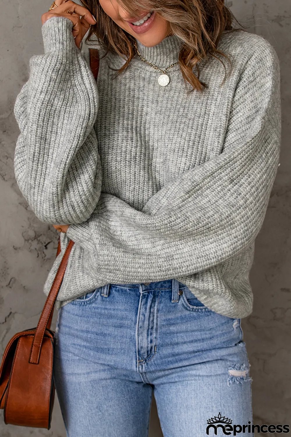 Gray High Neck Drop Shoulder Plain Sweater