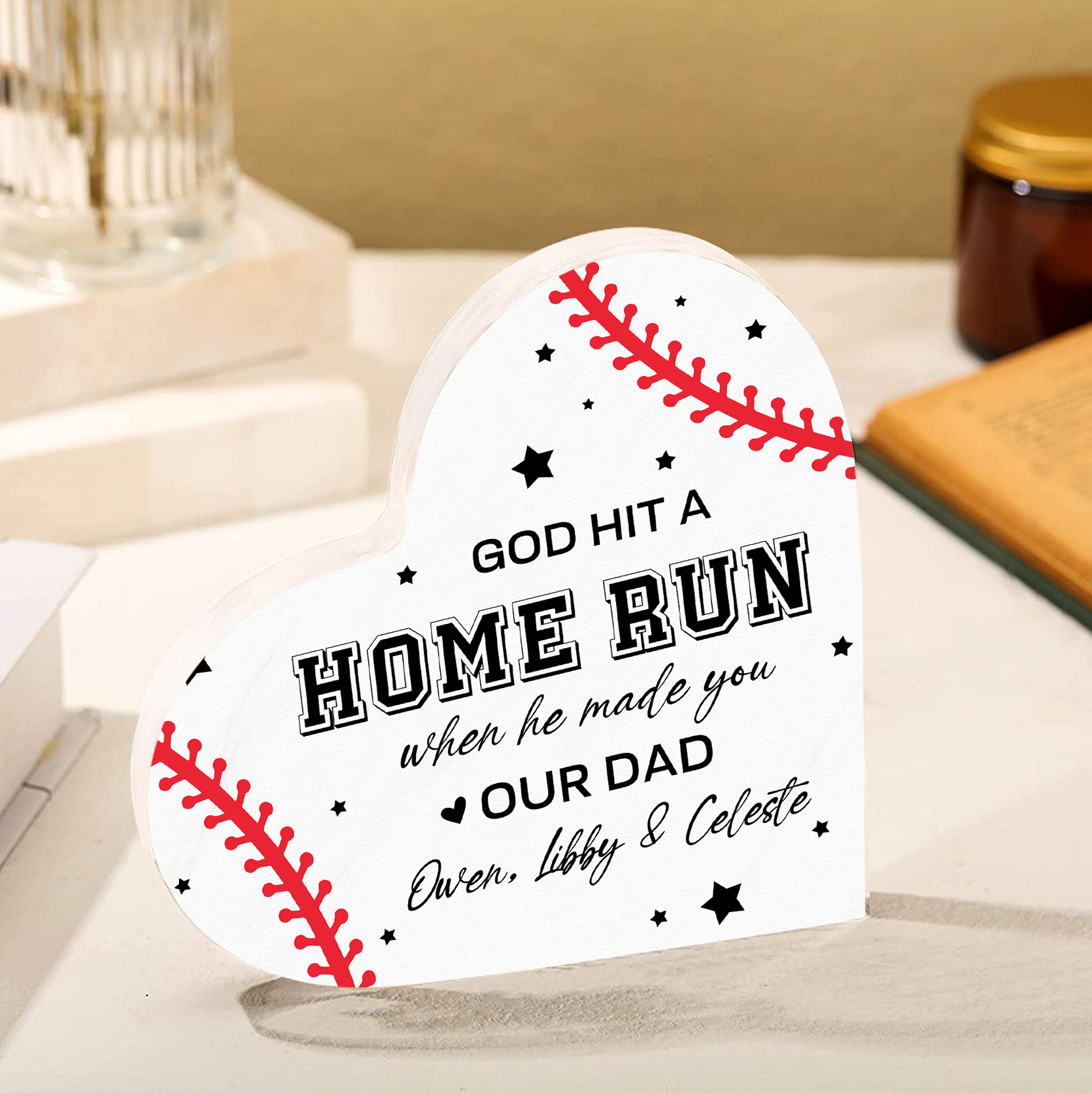 Personalised Text Acrylic Heart Keepsake Baseball Ornament Plaque Father's Day Gift - God Hit A Home Run When He Made You Our Dad-Jessemade AU